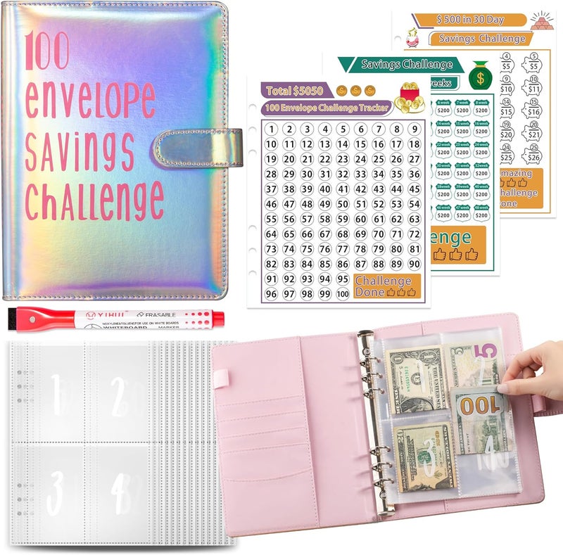 gusutide 100 Envelope Savings Challenge Binder, Money Saving Binder with Cash Envelopes, from 30 Days to 52 Weeks, to Save $500,$5,050 and $10,000, back to school supplies,gift for children (silver pink) - Image 1